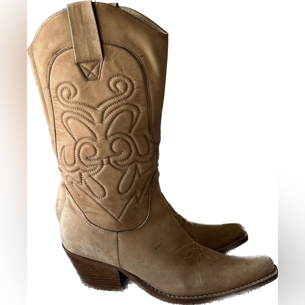 Penny ❤️ Kenny High Noon Cowboy Western Boots Beige Leather Scroll Design